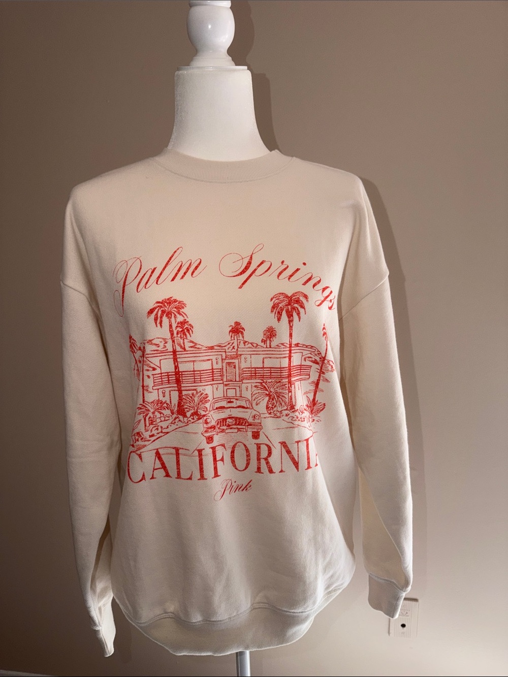 PINK Victoria's Secret Cream Crewneck with Pink Palm Springs Graphic